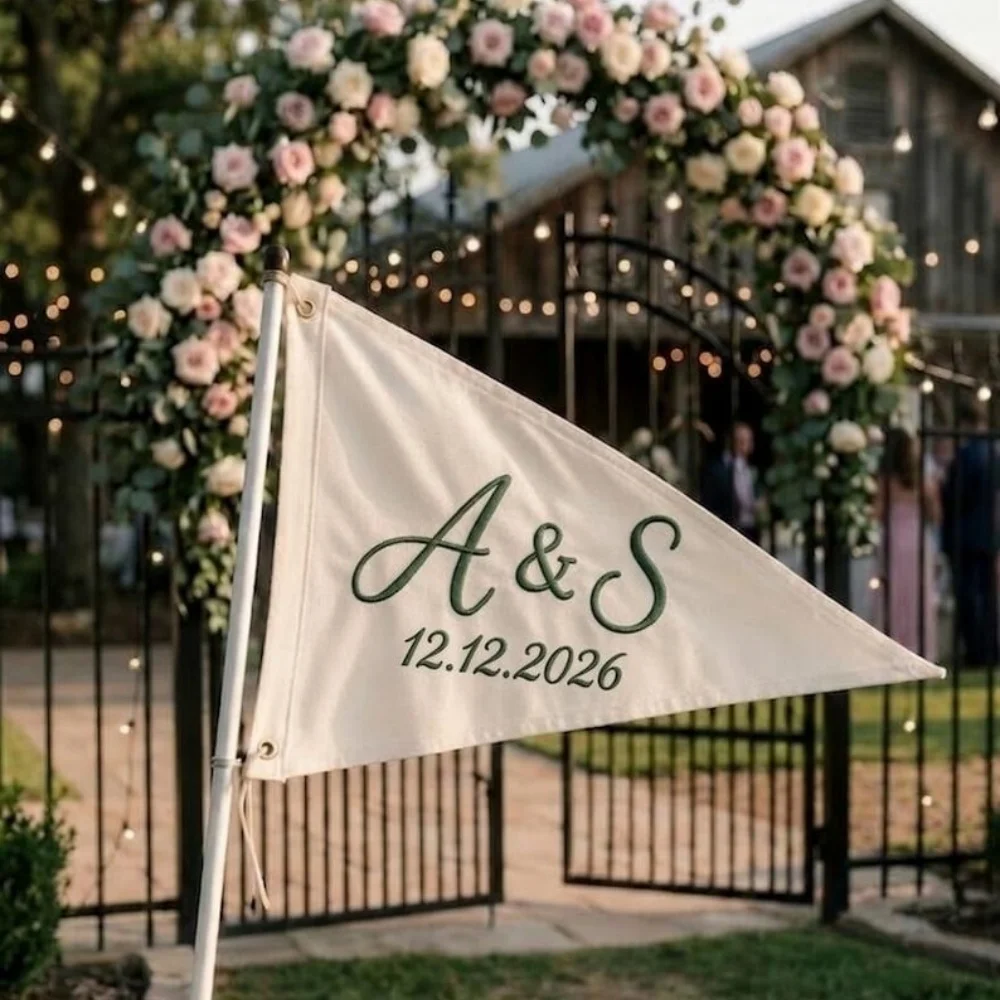 1Pc Personalized Custom Rope Embroidered Golf Wedding Pennant Flag, Triangular Flag with Metal Grommets, Outdoor Decoration