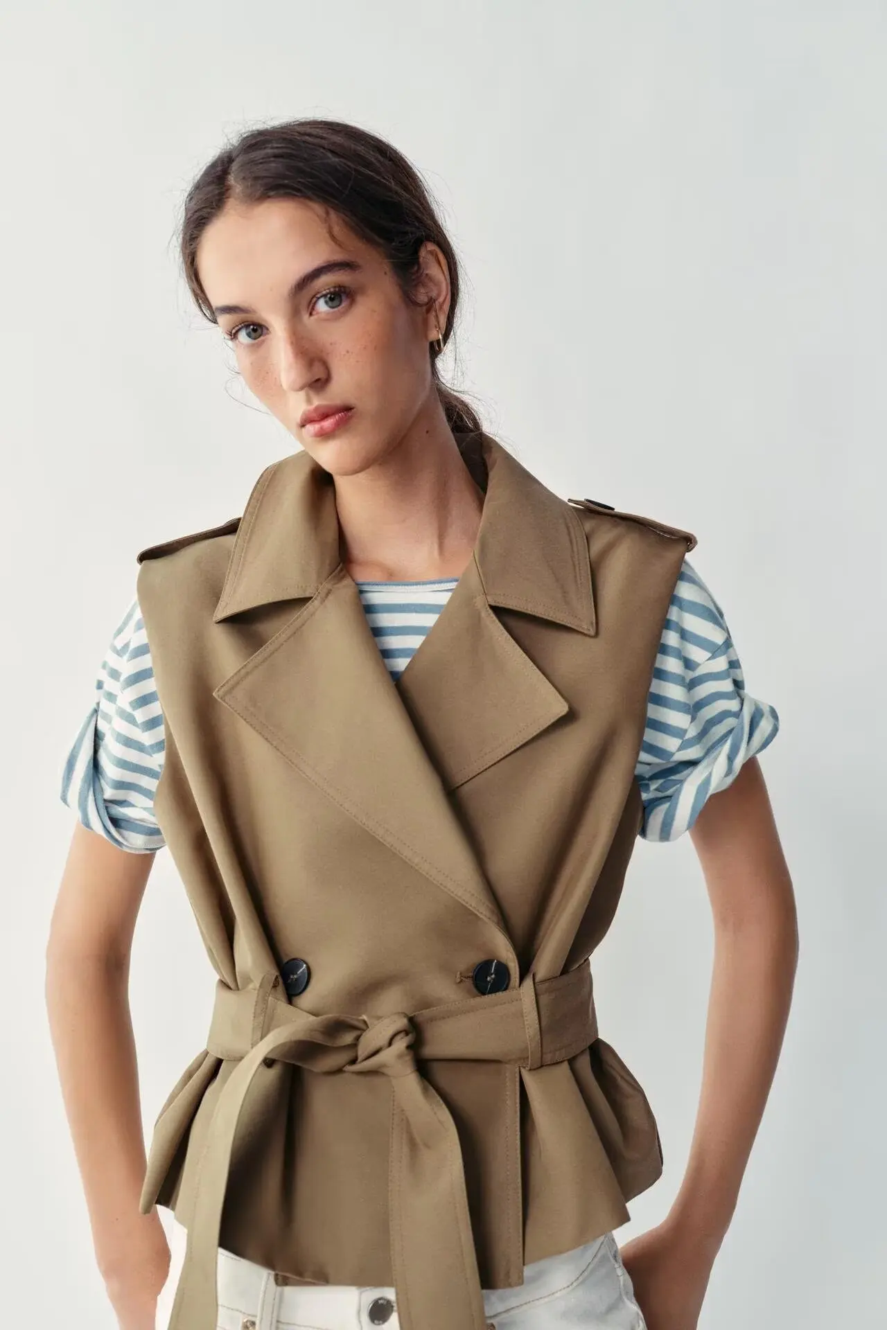 Women's Versatile Double-Breasted Vest with Belt ZR Summer New Arrival Clothing Commute Style Polyester Fiber