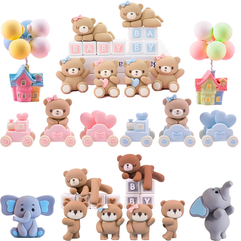 Pink Blue Bear Cake Toppers Mini Bear Figurine 1st Birthday Cake Decorations for Boy Girl Baby Shower Birthday Party Decorations