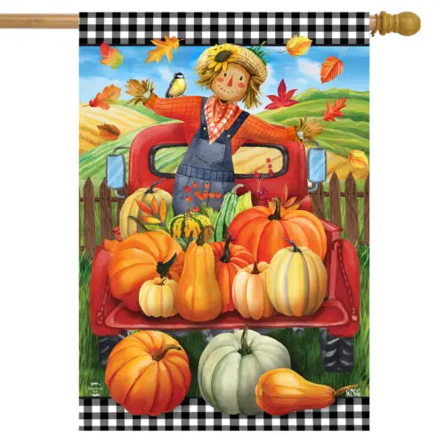 Pumpkin Pickup Scarecrow Fall House Flag Checkered 28