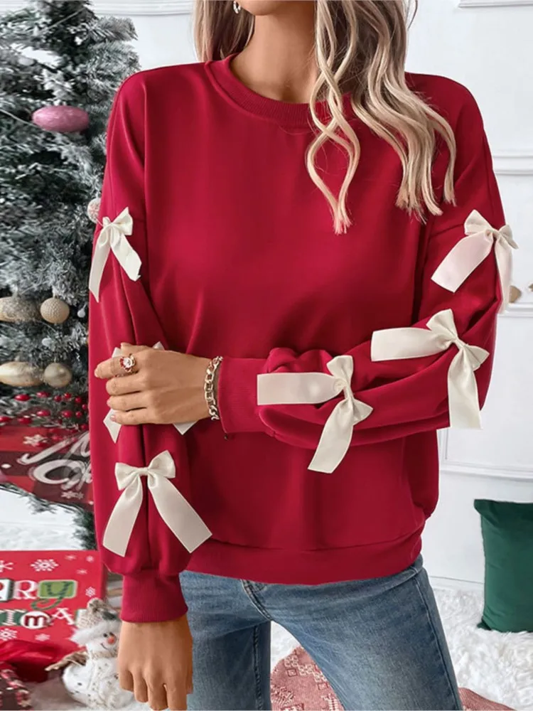 

Autumn And Winter Sweet Style Round-neck Bow Red Sweatshirt Women's Elegant And Simple Solid Color Versatile Long-sleeved Top