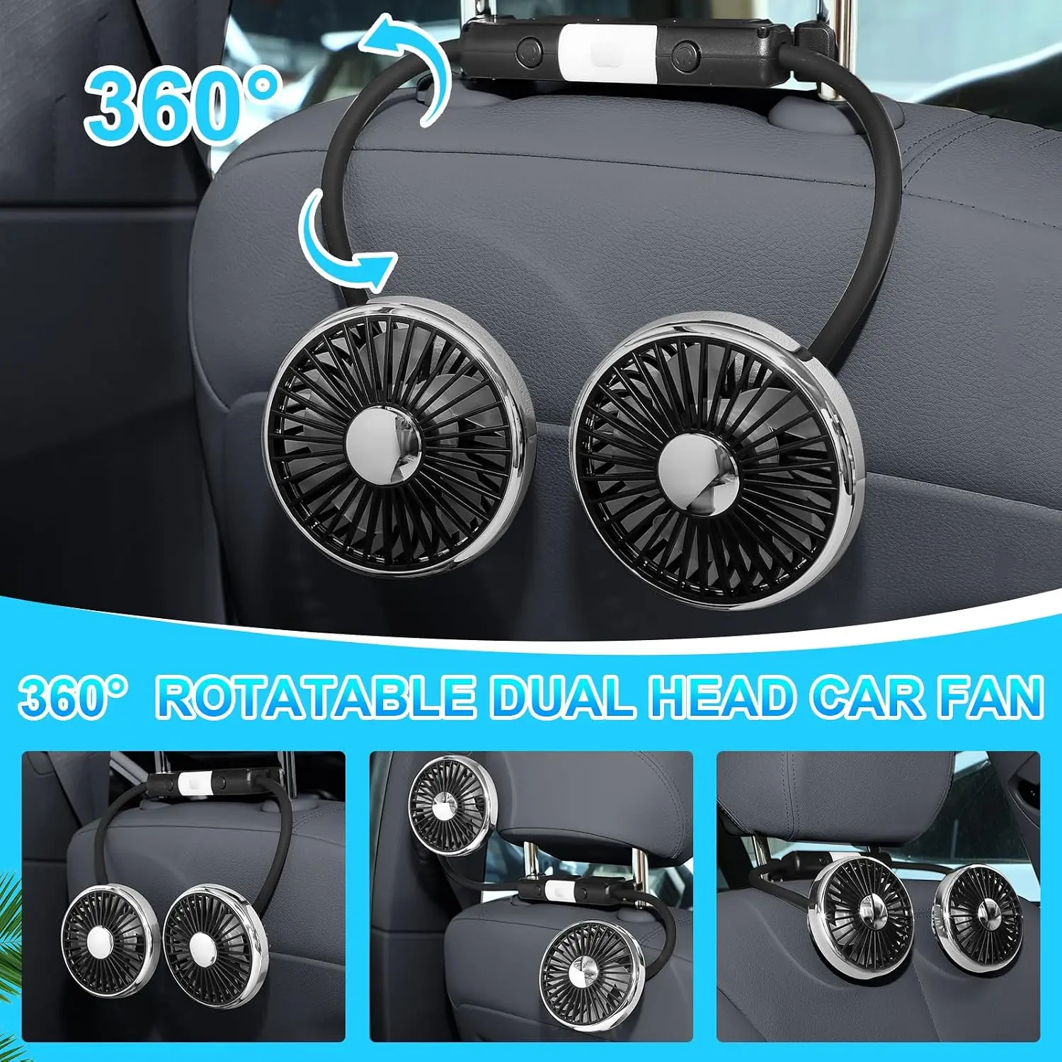 2026 New Upgrade 2 Pcs Car Fan For Backseat Dual Backseat Cooling 360 Degree Rotatable Seat Fans With LED Light USB C