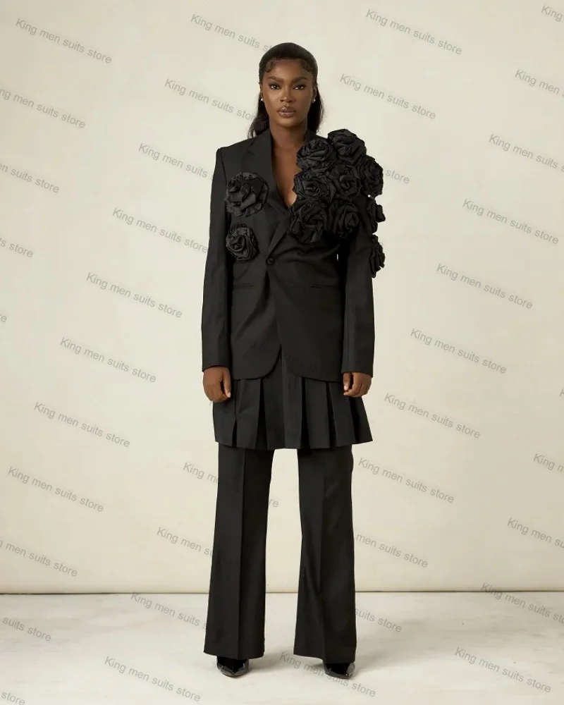 

Formal Black Women Suit Pants Set 2 Piece Blazer+Trousers 3D Flower Custom Made Office Lady Wedding Tuxedo Jacket Prom Coat