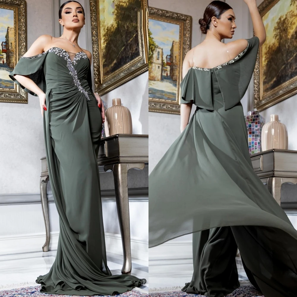 

Jersey Appliques Pleat Engagement Sheath Off-the-shoulder Bespoke Occasion Gown Long Dresses