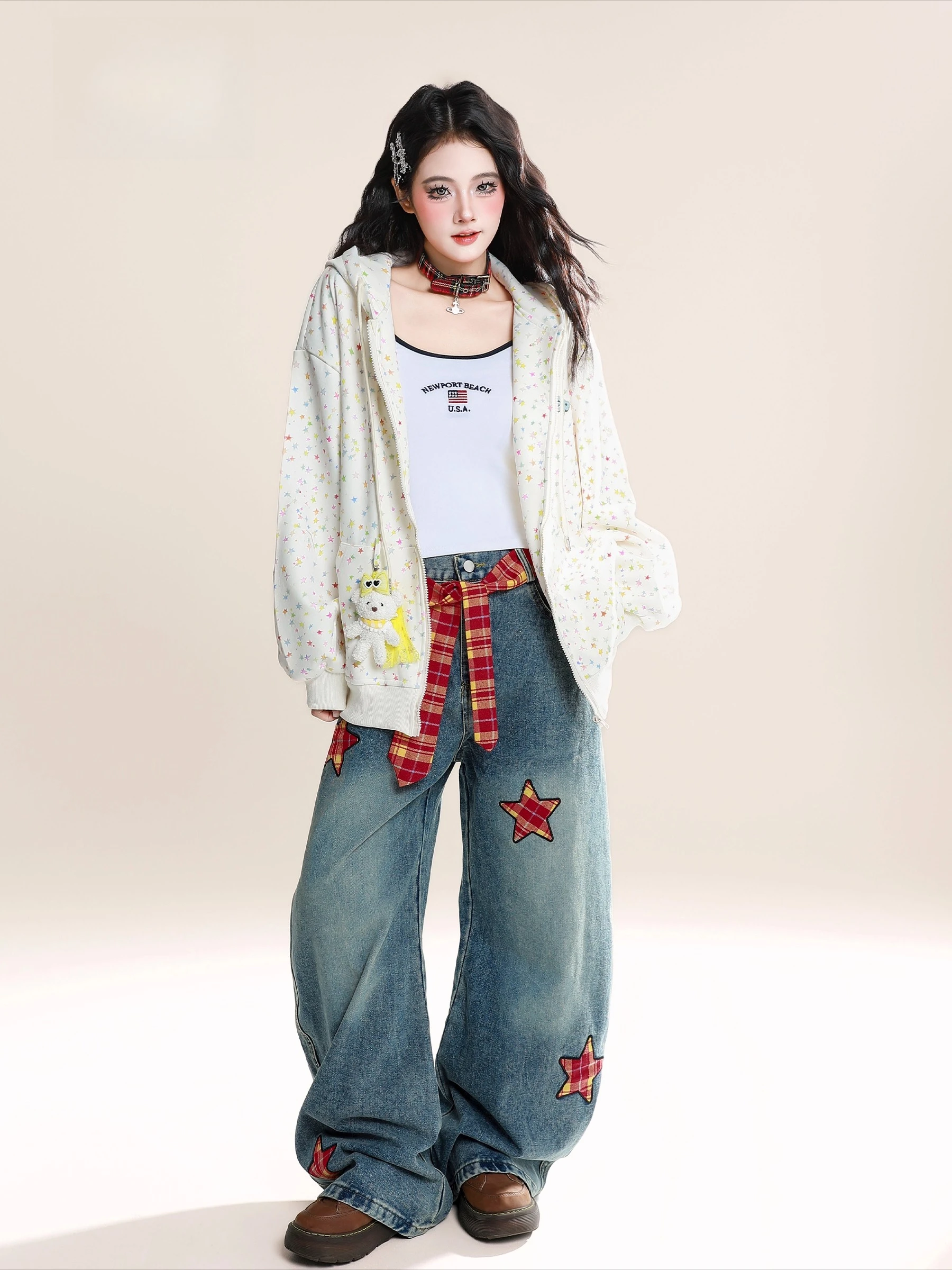 2025 Spring and Autumn American Retro Style Blue Star Patch Embroidery Plaid Belt Casual Daily Loose Wide-Leg Jeans