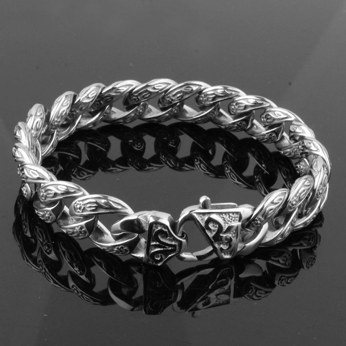 Fashion Mens Boy\'s Bangles 15mm Solid Silver color 316L Stainless Steel Cast Flower Design Cuban Link Chain Bracelets 9\