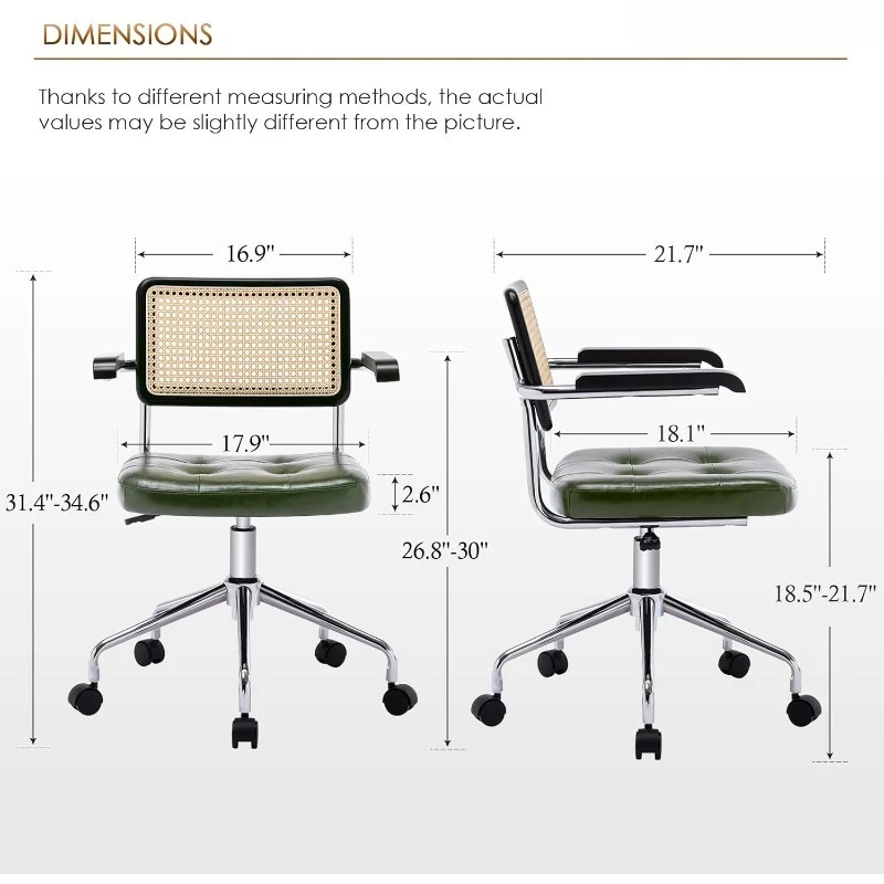 Ergonomic Rattan Back Office Chair Adjustable Swivel Desk Chair with Tufted Faux Leather Seat for Home, Bedroom, Workspace