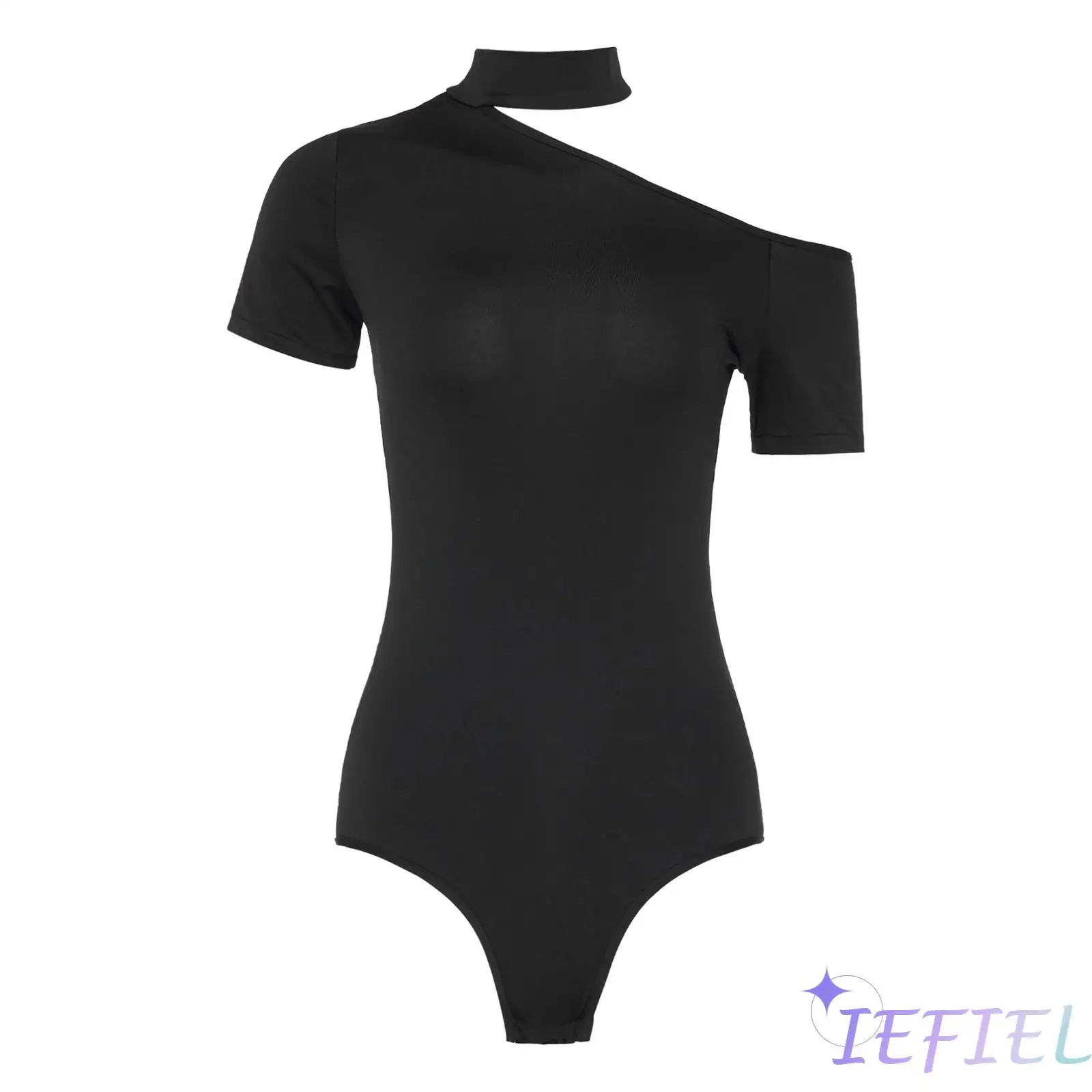 

Womens Latin Tango Cha-cha Dance Bodysuit Outfit Choker Neck Off Shoulder Short Sleeve Buttoned Crotch One-piece Jumpsuit