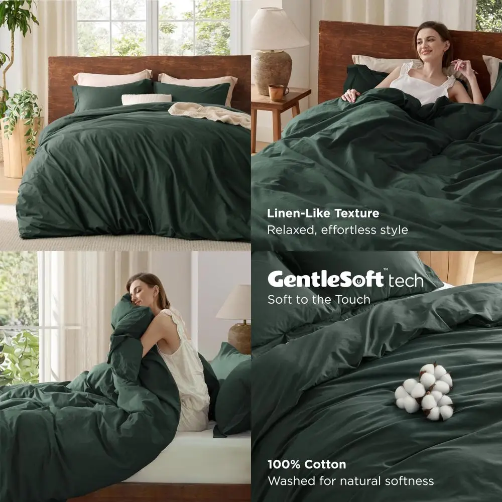 

100% Cotton King Size Duvet Cover - Forest Green Minimalist Style for All Seasons, Gentle and Washed Linen-Like Finish