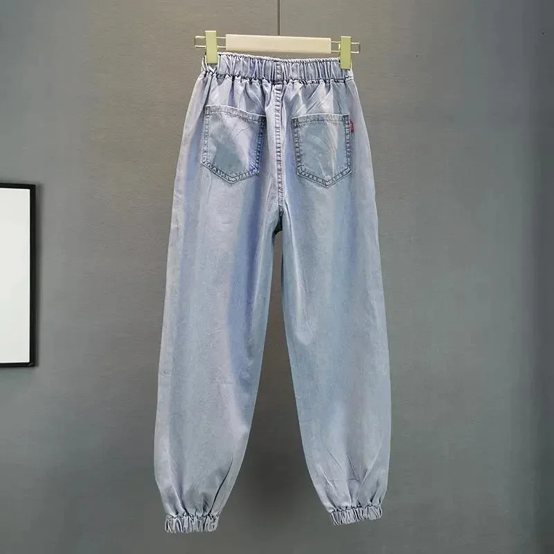 Fashion Jeans Female Spring Summer Pocket Trousers 2024 Loose Elastic Waist Color Rhinestone Letter Denim Leg Pants Women