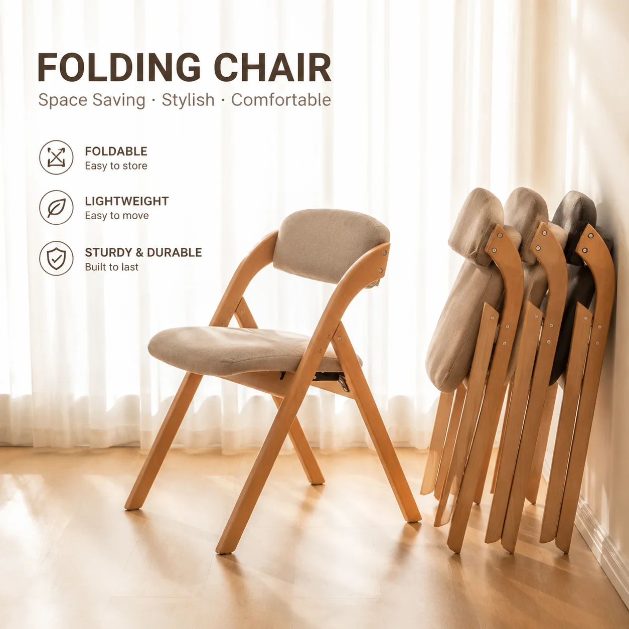 Solid Wood Folding Chair – Scandinavian Style, Stackable Reclining Dining & Conference Seat for Home or Office