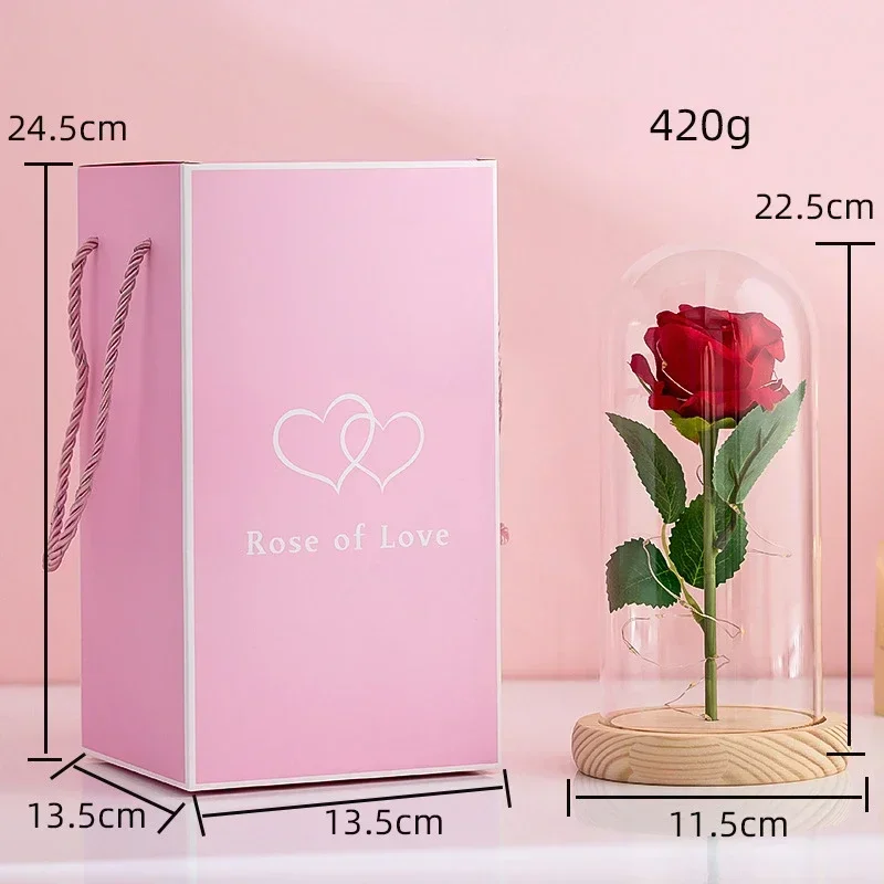 Romantic Eternal Rose Flower Home Decore LED Light Immortal Rose Glass Cover Valentine's Day Mother Gift Birthday Ornaments