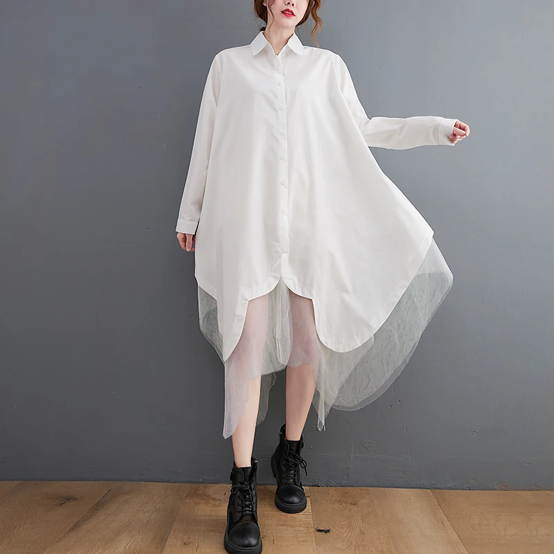 Loose Oversized Mesh Skirt Shirt Tailored Commute Style Asymmetrical Splicing Butt Covering Long Sleeve  Collar Mid-Length