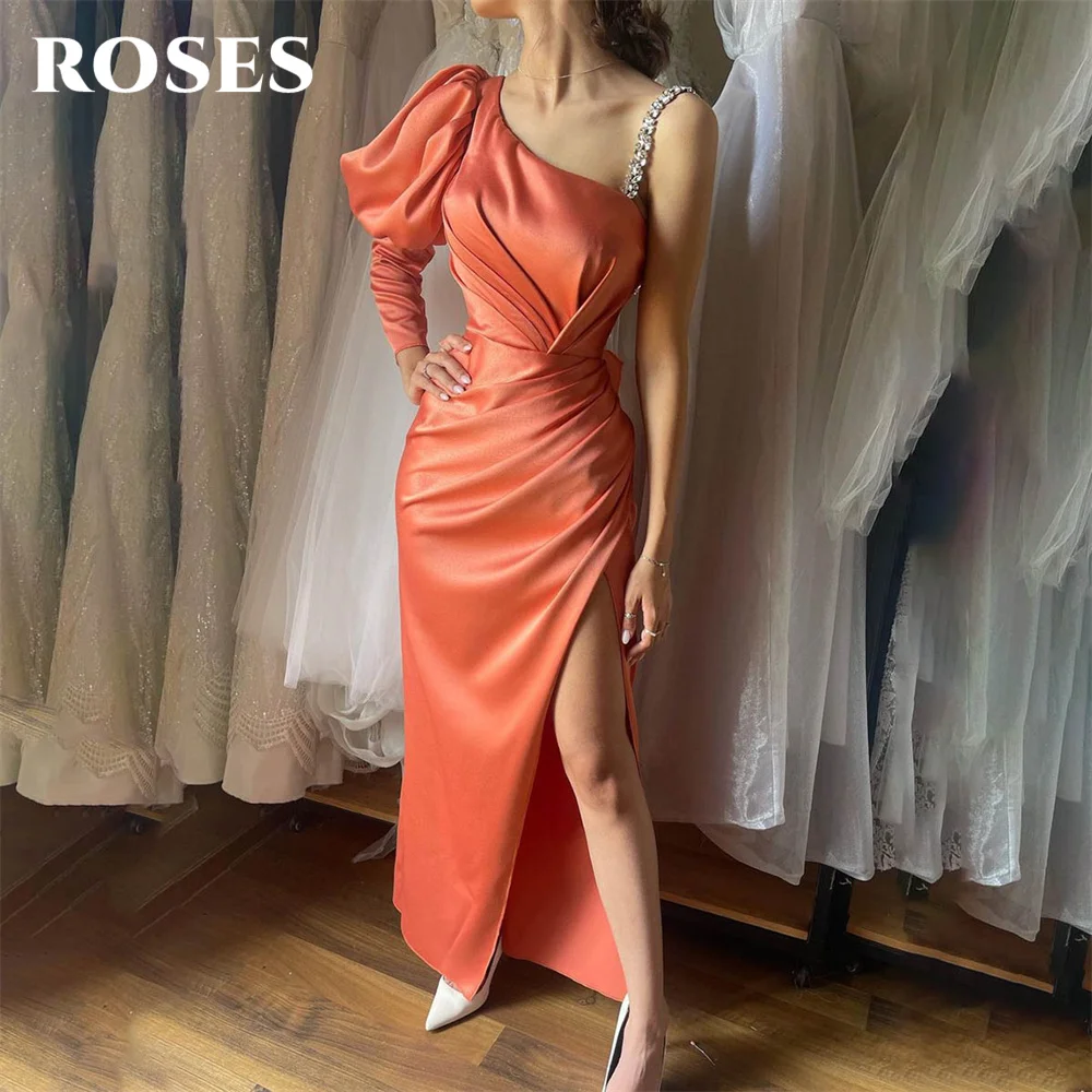 

ROSES Orange Mermaid Evening Dresses Beading Full Sleeves Charming Prom Dress Side Split Stain Party Dresses vestidos de noche