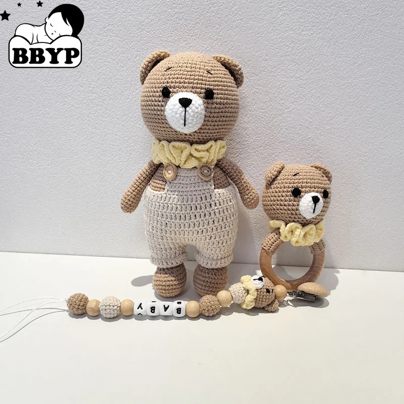 Customized Name Pacifier Chain Crochet Bear Pacifier Chain Kawaii Dog Animal Doll Beech Wood Pacifier Clip Baby Birth Gift