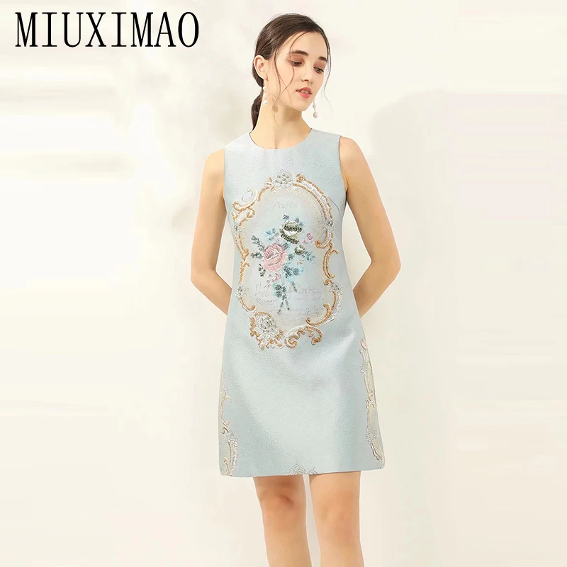 MIUXIMAO Luxury Jacquard Summer Dress Leaf Floral Pattern A-Line Mini Short Diamonds Elegant Party Fashion Dress Women Vestido