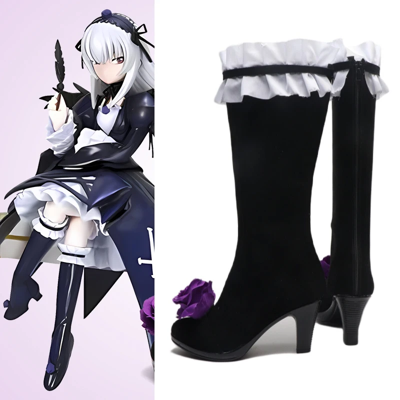 New! cos Mercury Lampe Cosplay Anime prop Women Shoes Vintage Lace Lacy Rosebud Black Mid Calf Customized Heeled Boots