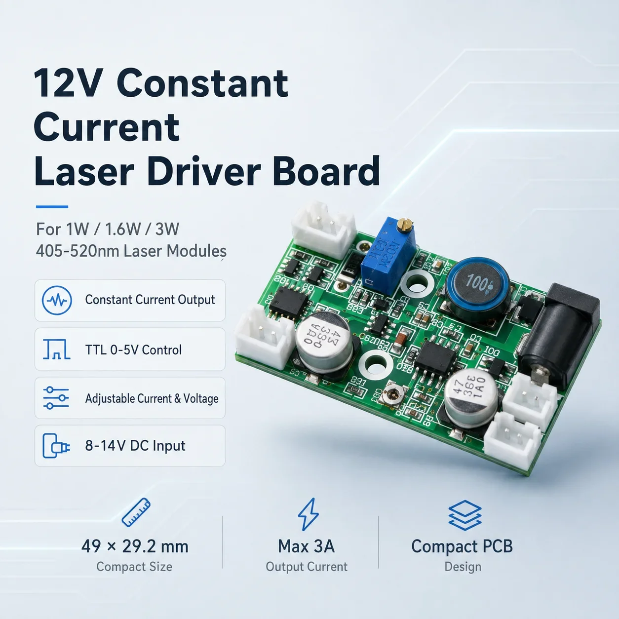 12V Laser Diode Driver Board Constant Current Step-Down PCB TTL Modulation for 1W 1.6W 3W 445nm 520nm Blue Green Violet Lasers