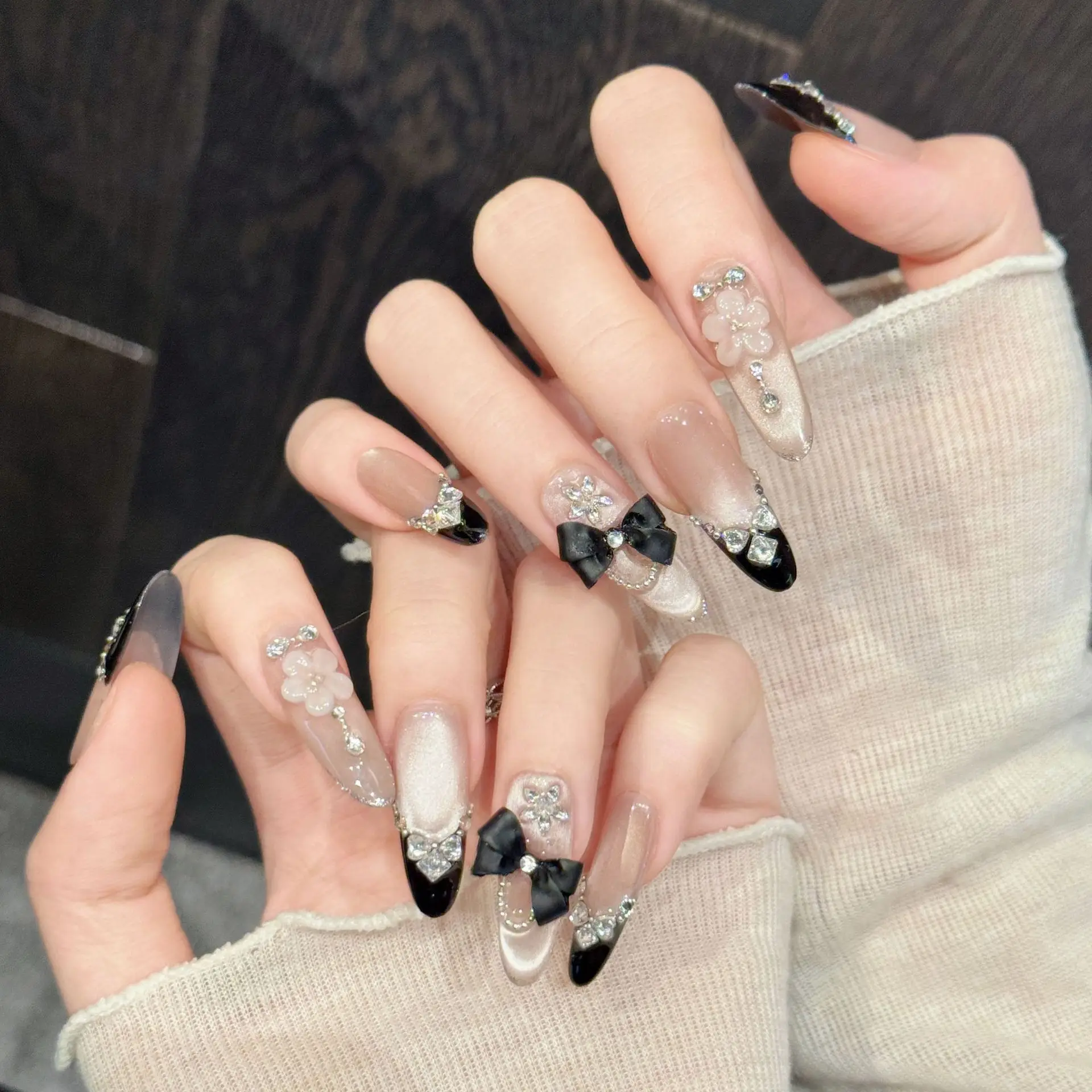 10PCS Stiletto Handmade Press On Nails,Kangjin Style French Cuisine,Suitable For Festivals Parties And Daily Wear.