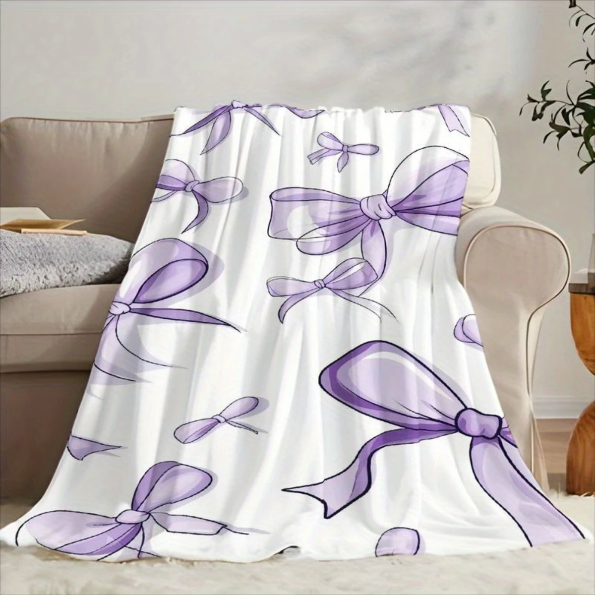 Selimut Flanel Pola Busur Ungu - Tempat Tidur, Sofa, Kantor, Perjalanan, Hadiah, Dekorasi, Nyaman dan Hangat, Natal