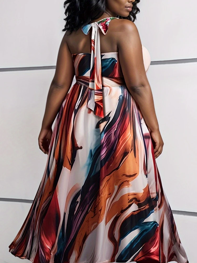Plus Size Women\'s Evening Dress Halter Multicolor Strapless Sexy Elegant Cocktail A-Line Long Dress Satin Backless Maxi Dresses