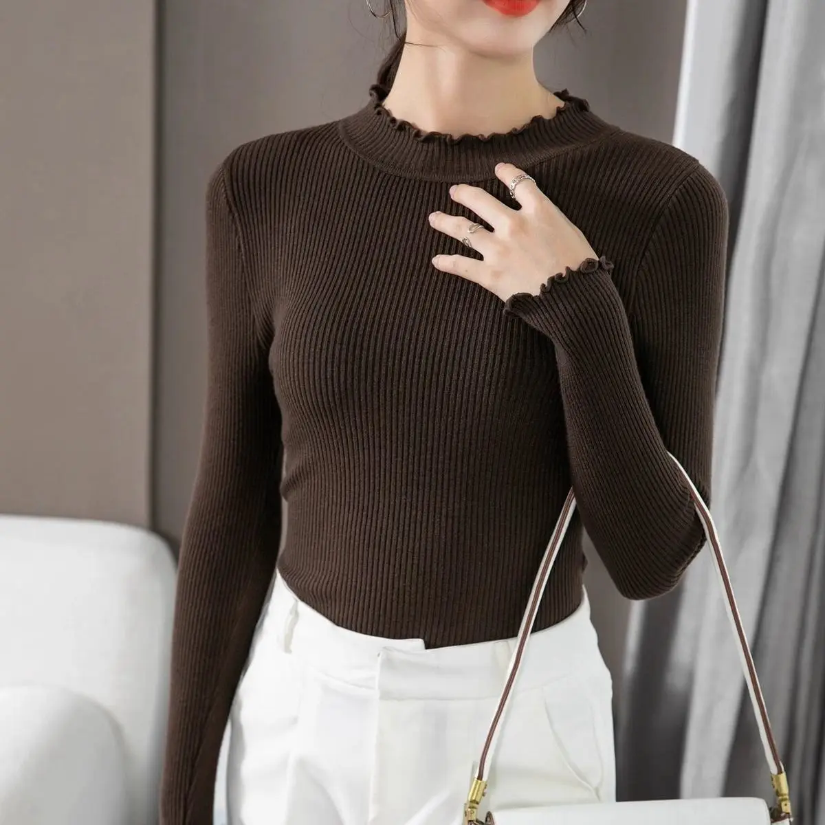 ニットセーター女性プルオーバー新しい長袖フリル襟ニットセータープルオーバー女性トップスセーターセーターデムジェ Q803