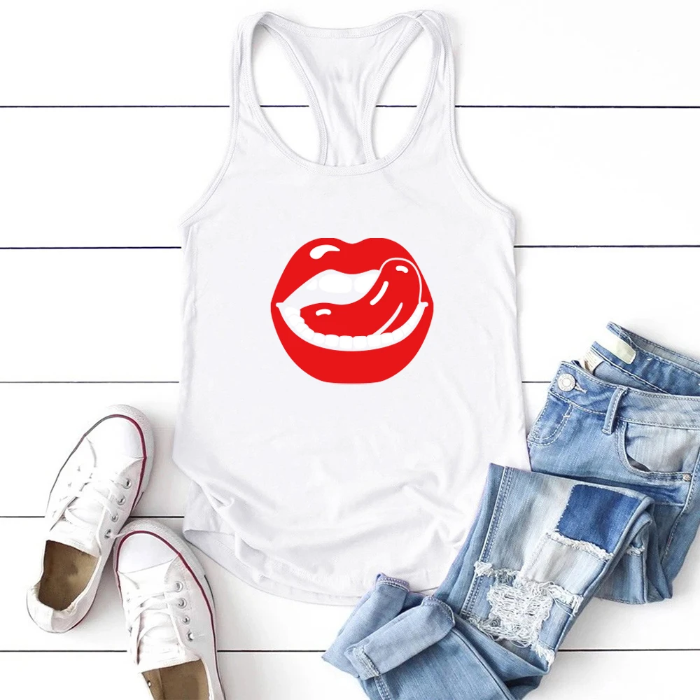 Seeyoushy Red Lips Printed Tank Top Sleeveless Women Summer Tops Women Sexy Vest Femme Graphic Unisex Camiseta Tirantes Mujer