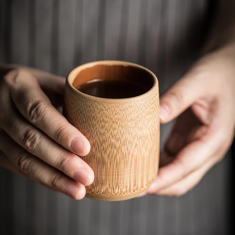 Cangkir bambu rumah gaya Jepang gelas air ukir alami cangkir minum teh bir kopi cangkir kayu buatan tangan