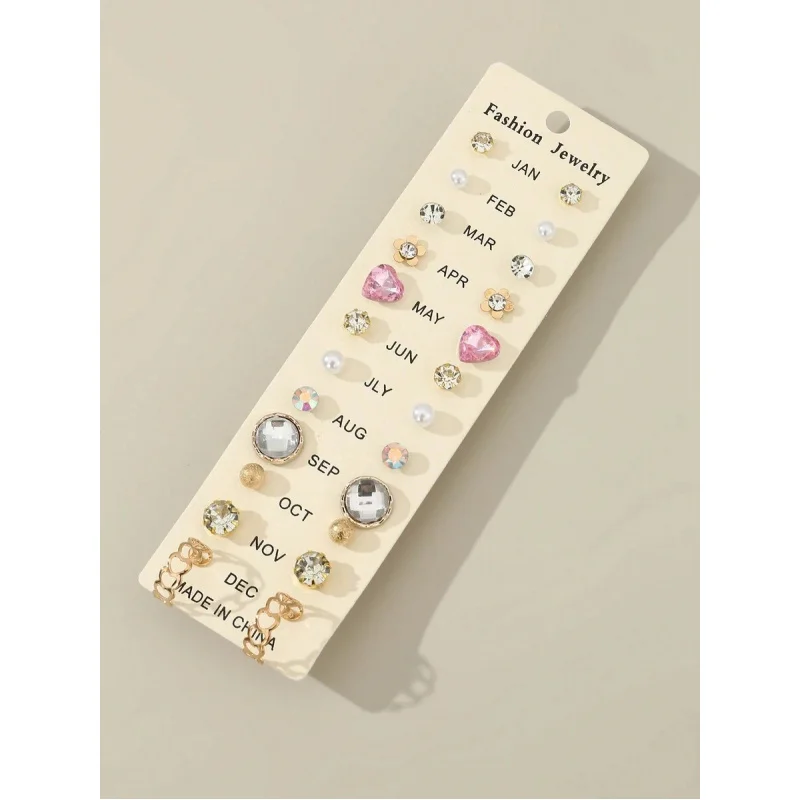 12 Pairs Women’s Elegant Earrings Set – Heart, Flower, Star with Faux Pearl & Rhinestone, Perfect for Daily & Date.