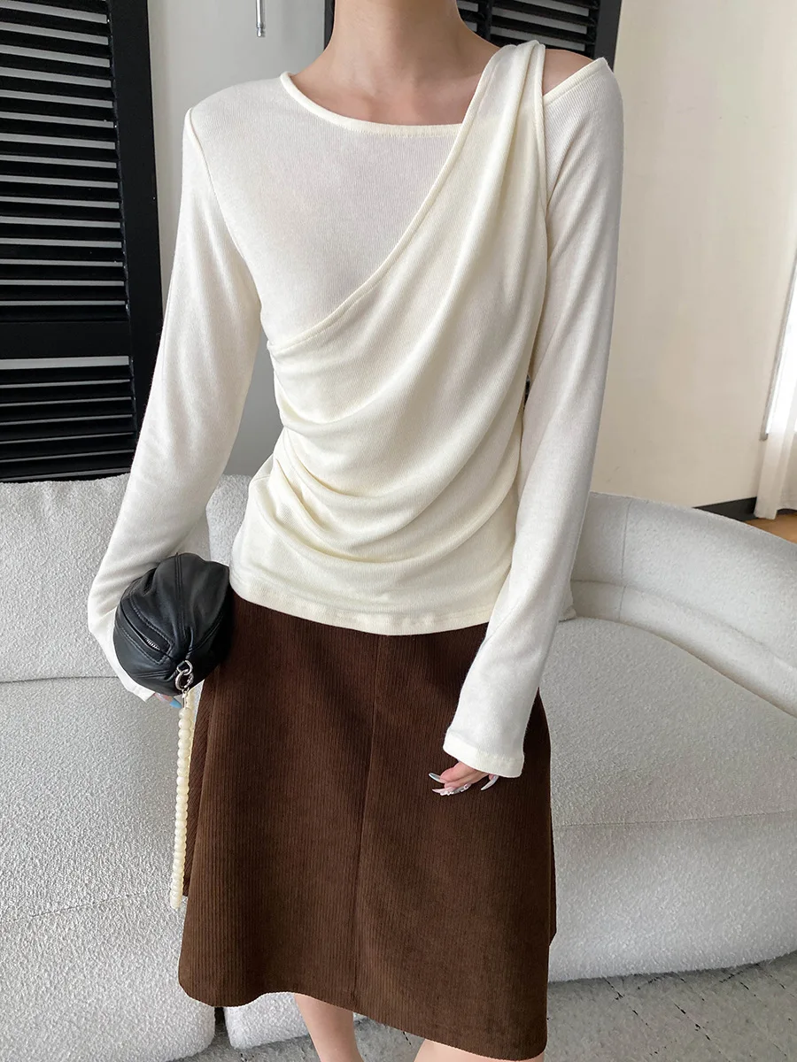 Autumn women's casual solid color irregular atmosphere off shoulder pleated slim fit T-shirt