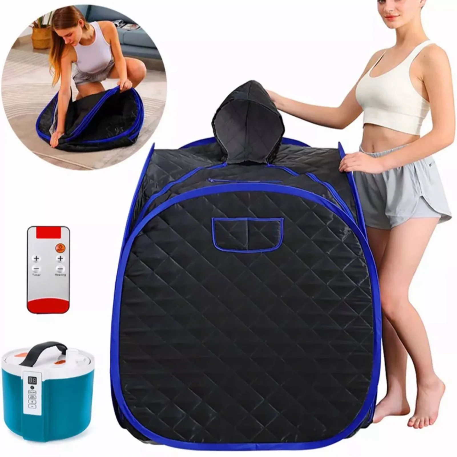 Portable Steam Sauna Tent Full Size Personal Steam Sauna Personal Home Spa with Remote Control Black with Blue Edge