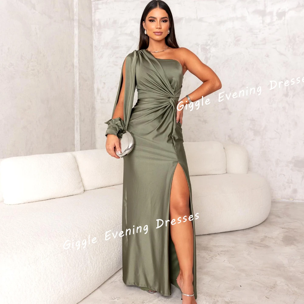 Giggle Satin One-Shoulder Pleating Elegance Prom Gown Saudi Arab Summer Slit Ankle-Length Evening Party Dresses for Women 2024