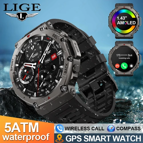 Imagen 1 del producto Reloj inteligente con GPS AMOLED 5ATM, resistente al agua, con brújula GNSS de doble banda integrada, reloj inteligente deportivo militar para hombres, nuevo para Android IOS