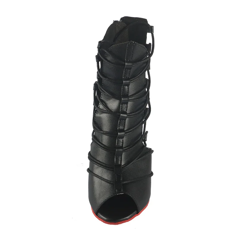 Wedopus Customized 8.5CM Black Microfiber Open Toe Heels Dance Boots Jazz Salsa Dancing Shoes Red Suede Soled