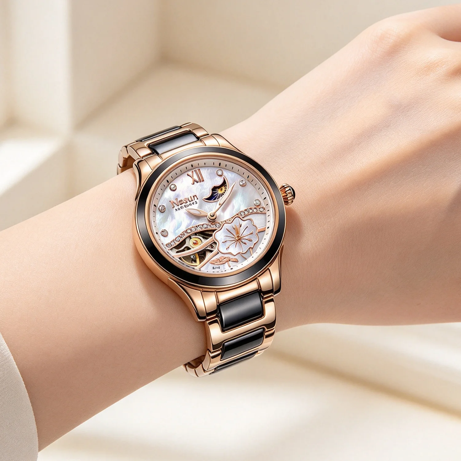 NESUN Luxury Switzerland Brand Women's Automatic Mechanical Watches Waterproof Moon Phase Skeleton Fashion Ladies Clock N9071L