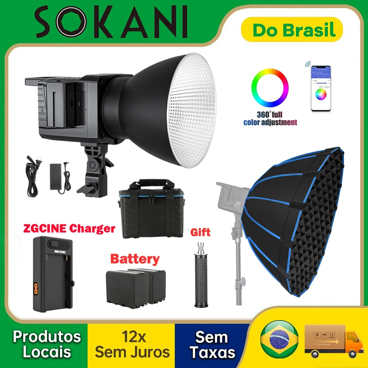 【DO BRASIL】Sokani X100 Bi-Color RGB LED Video Light, Controle APP, Iluminação Bowens Mount, Fotografia, Gravação de Vídeo, Fotografia ao Ar Livre, 100W