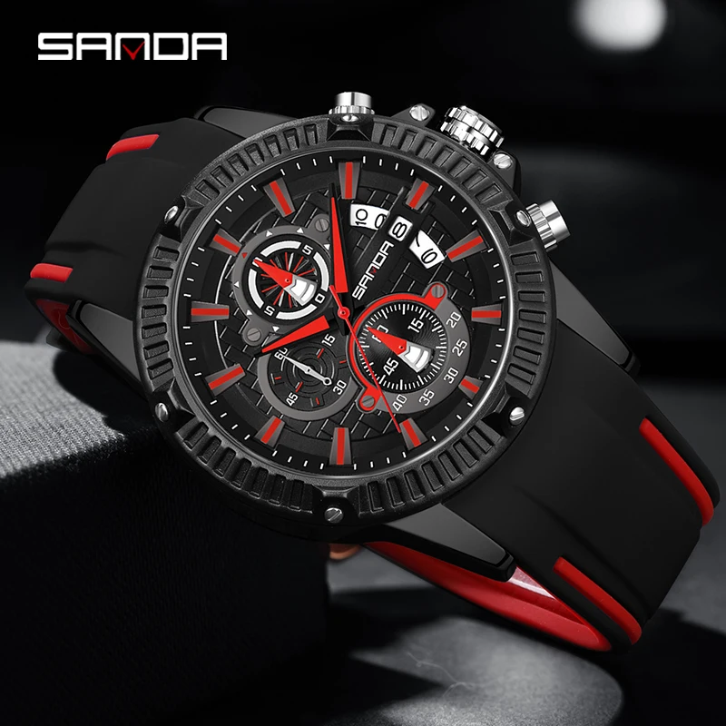 

Three Eyes Six Needles Men's Wrist Watches Silicone Strap Waterproof Calendar Multifunctional Sports Quartz Watches For Men's