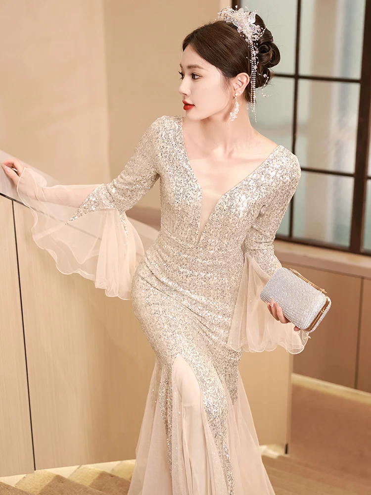 

Champagne Color Evening Gown Women's High-End Banquet Elegance Lightweight Luxury Host Fi Tail Dr High-End Feel