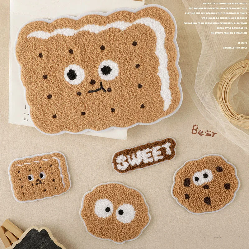 Cute Plush Biscuit Food Self-adhesive Patch Iron On Patches Scratch Applique Decorative Clothing Phone Case DIY Accessories