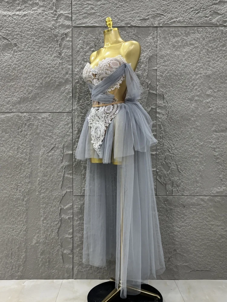 Conjunto de dos piezas de falda superior de malla con espalda descubierta, traje de actuación para Festival, fiesta de noche de cumpleaños de lujo, glamuroso y Sexy