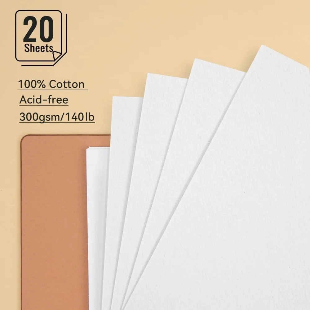 دفتر رسم بالألوان المائية الخفيفة A5 100% مجلة ألوان مائية خالية من حمض القطن 300gsm/140lb ضغط بارد 20 ورقة للفنانين