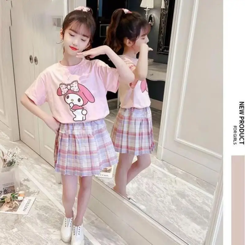 Sanrioed My Melody-Falda plisada de manga corta para niñas, traje Kawaii Cinnamoroll Jk, uniforme Preppy, ropa para niños, regalos para niñas