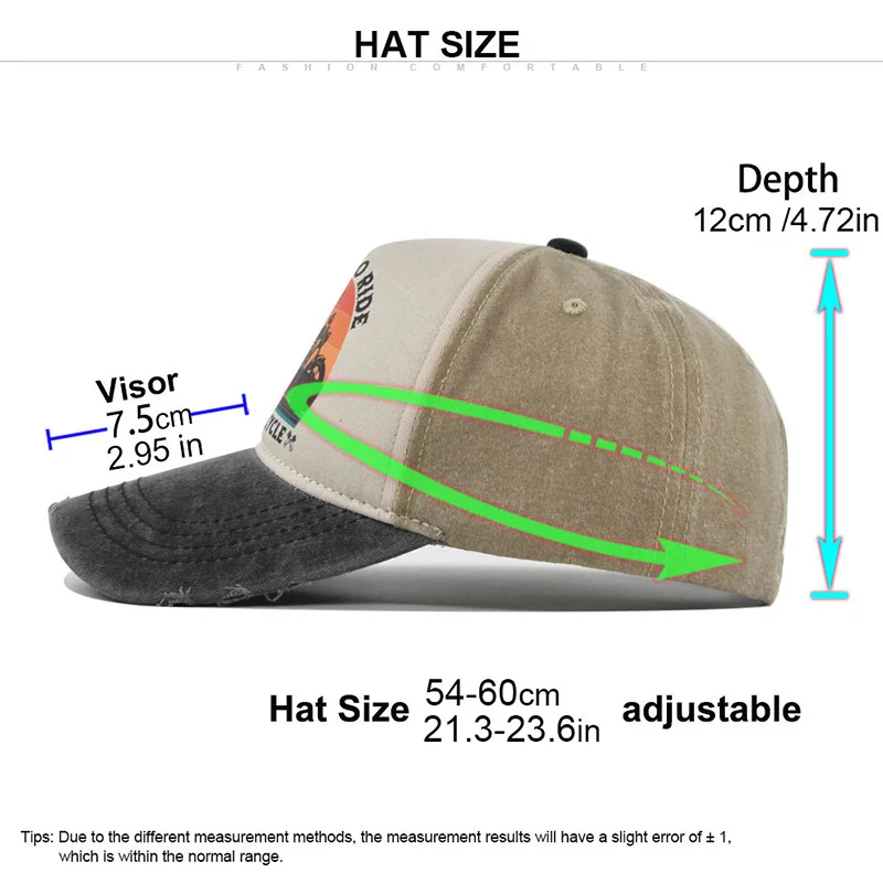 Spring/Autumn Vintage Printed Motorcycle Color Block Baseball Cap Truck Washed Sunshade Beach Travel Ride Hat For Men And Women