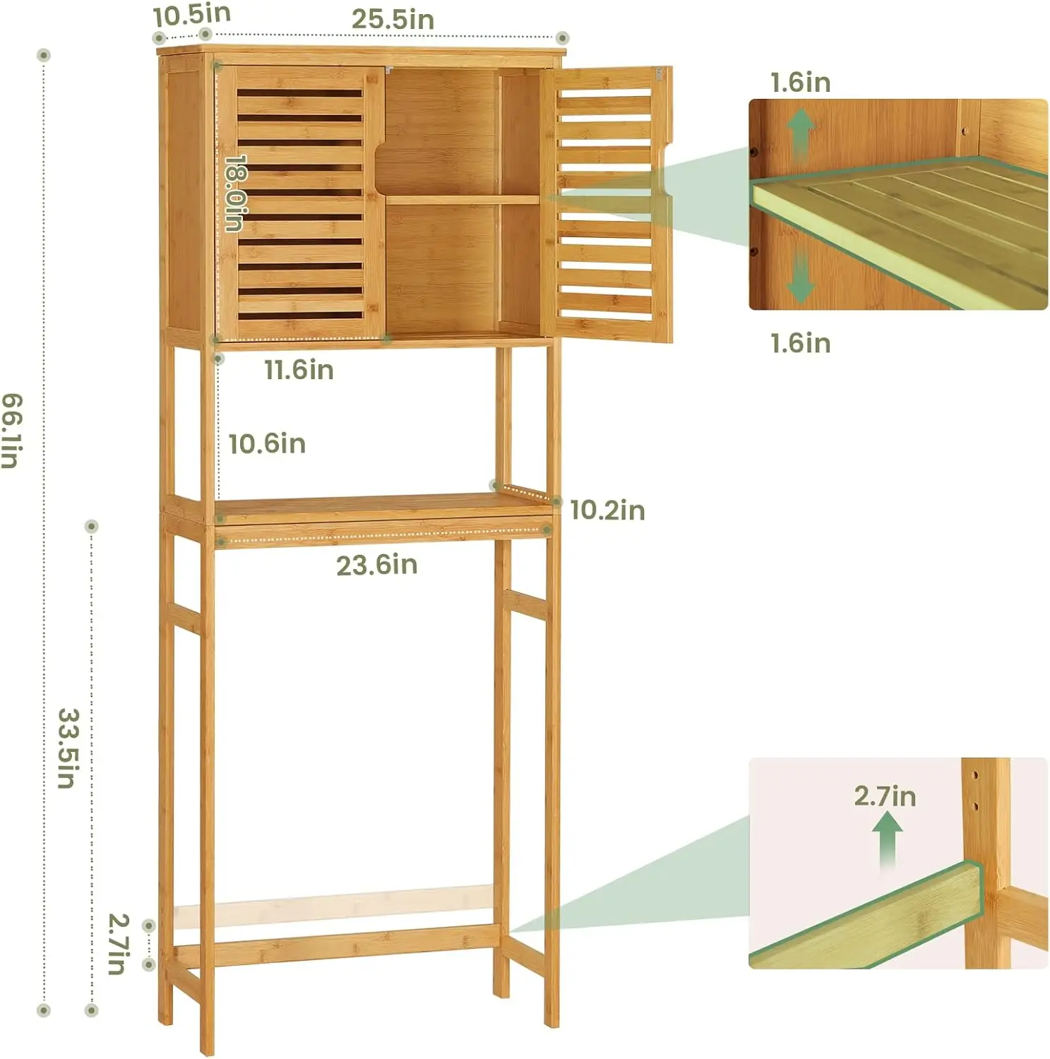 Over The Toilet Storage Cabinet, Tall Bathroom Cabinet Organizer with Cupboard and Adjustable Shelves, Freestanding Toilet Shelf