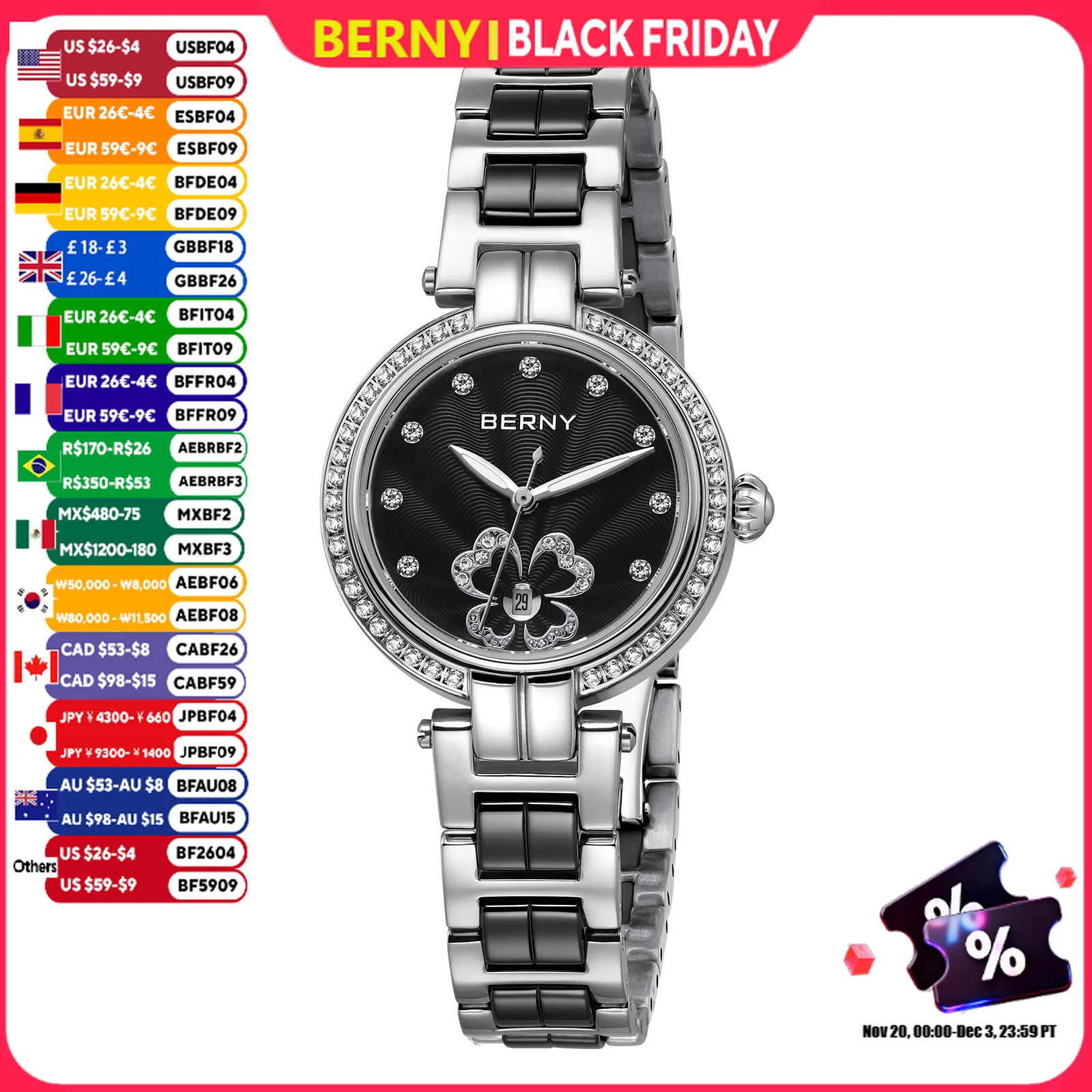 BERNY Women's Watch High Quality Casual Fashion Ceramics Quartz Women Watches Elegant Luxury Wristwatch For Ladies