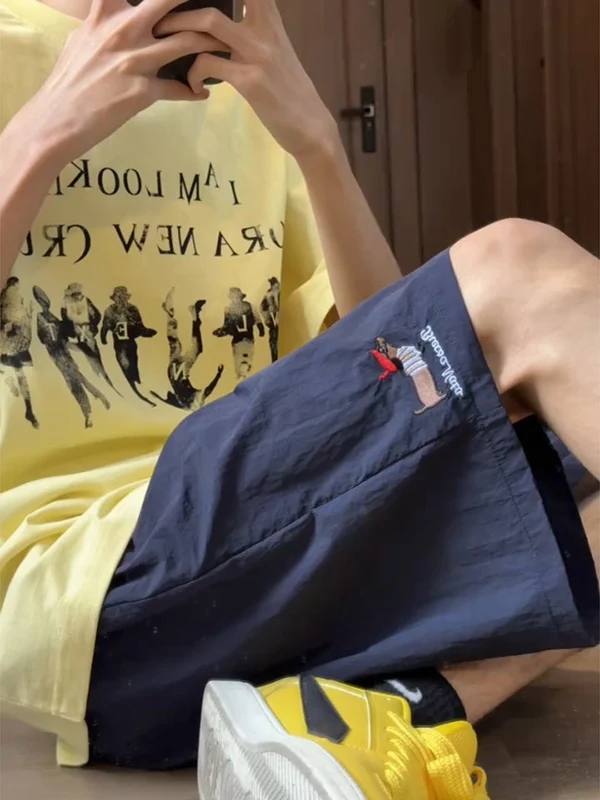 

Trendy Ice Silk Beach orts Embroidered Dog Summer Qui Dry Dopane over Knee Men's Spor Casual Loose Fit Polyester Fiber