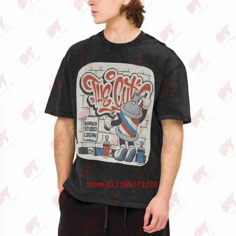 Barber Shop Vintage Pole Clipper Scissors Comb Vintage Washed Tee Pure Cotton T-Shirt