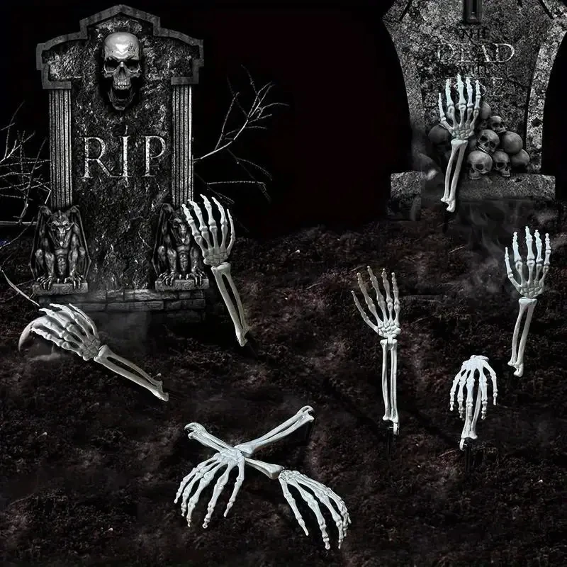 3-6 stücke Knochen Skelette Hof Boden Stakes Simulierte Geister Schädel Hand Requisiten Halloween Garten Outdoor Einsatz Party Dekoration – Detail 6