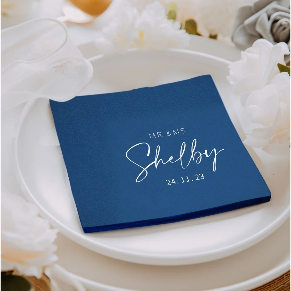 Tovaglioli nuziali personalizzati in lamina d'oro e d'argento da 50 pezzi, tovaglioli da cocktail nuziali personalizzati in carta, tovaglioli blu navy personalizzati