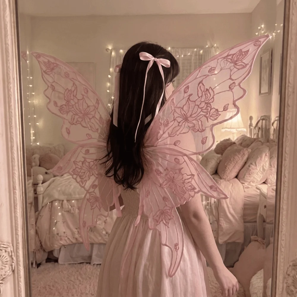 Golden-Stamped Glitter Butterfly Wings Gradient Floral Print Lightweight Fairy Elf Wings Adjustable Iridescent Sheer Mesh